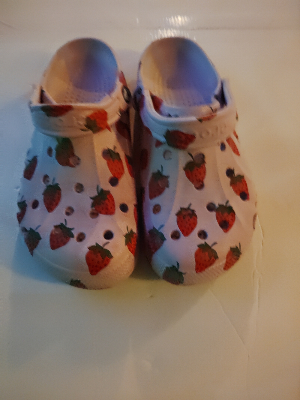 CROCS White Sandal Clogs with Red Strawberry Print
